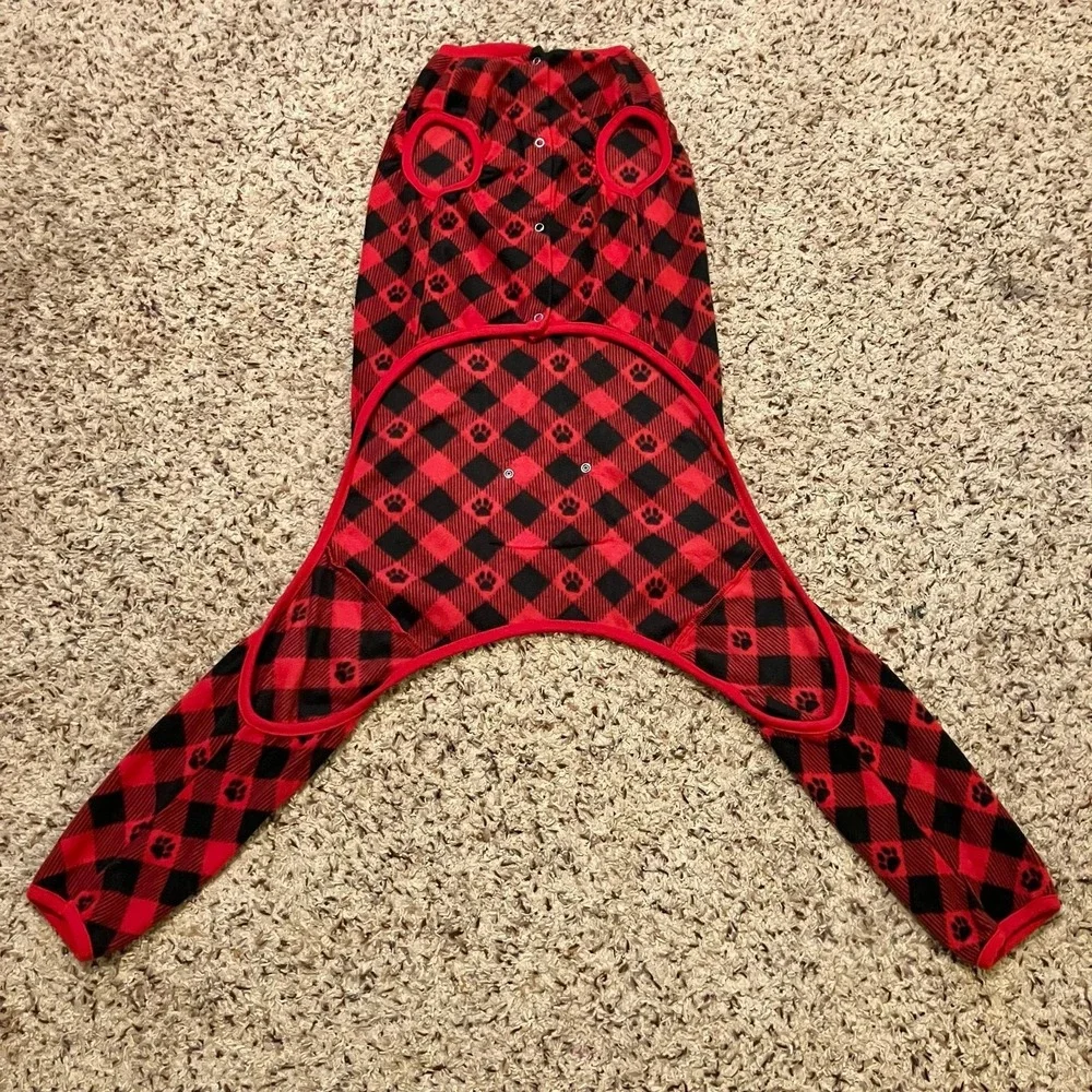 Merry &‎ Bright holiday flapjack style dog pajamas red black buffalo check Sz L